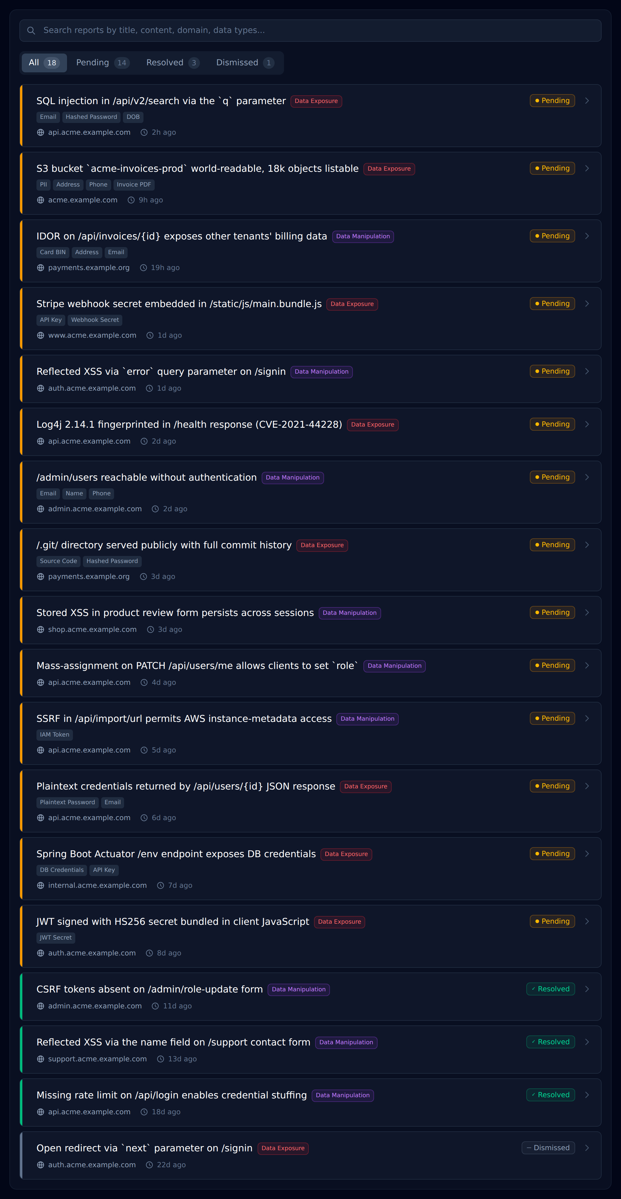 Report list showing twenty vulnerability findings with severity tags and pending status.