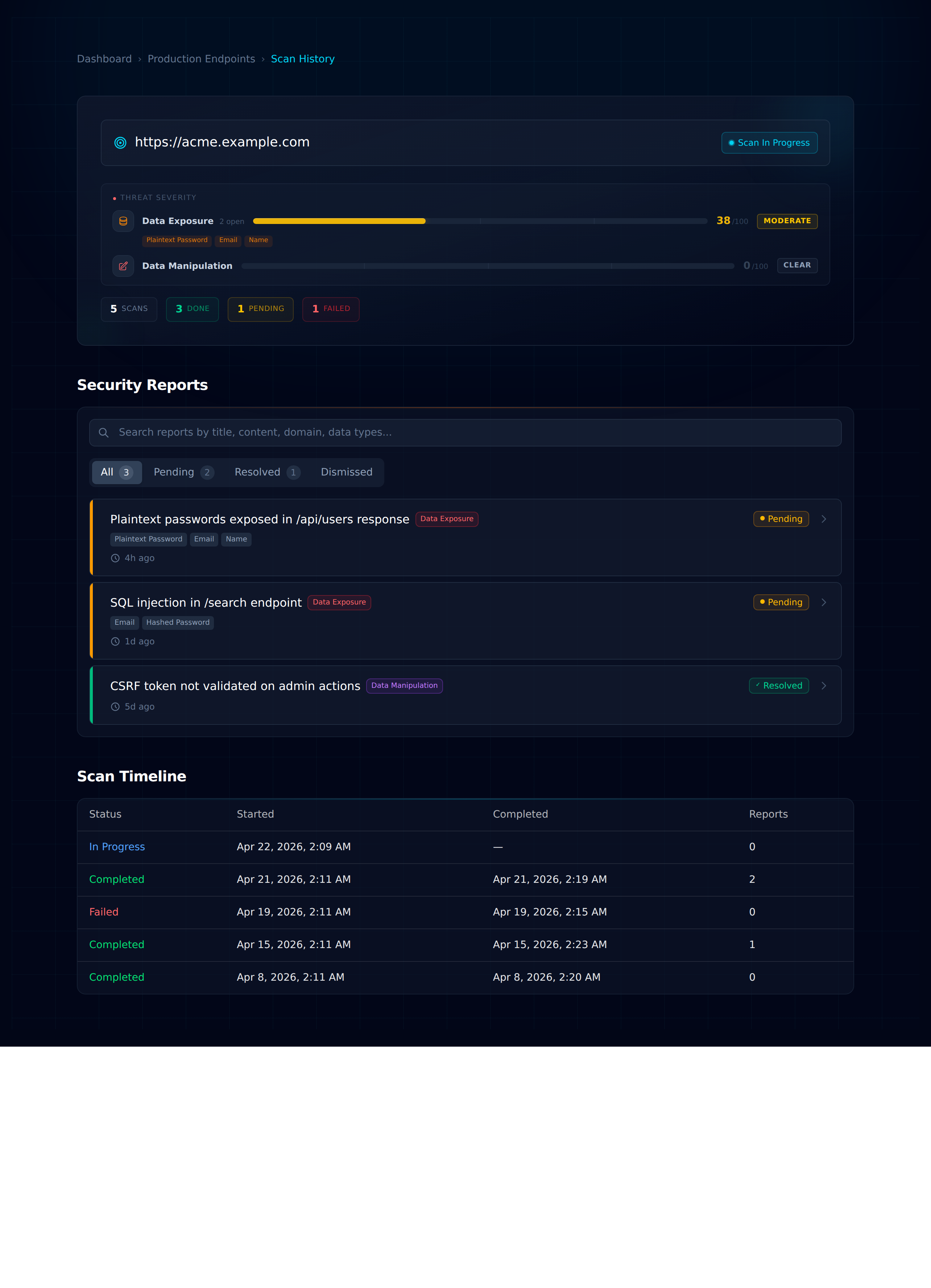 Datashielder scan history page showing severity scores, pending reports, and a scan timeline.